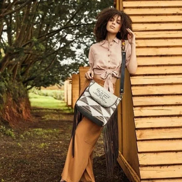 Myra Bag Handmade Haven Shoulder Bag Upcycled Canvas & Cowhide Leather - Picture 10 of 10